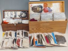 Fly Tying: 2x wooden boxes of feathers, capes, fur wings, hackle, tail hair - all neatly sorted