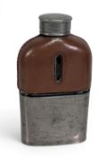 Small Hardy Bros flask with leather top, metal slide/cup base and screw top, 3 ½” tall. “Top Pocket”