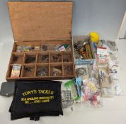 Sea Fishing Hooks, Rubber Baits Lures, Trace, Line, a mixed collection, most within a wooden storage