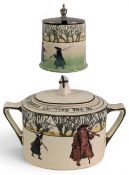 2x Unusual Royal Doulton Isacc Walton War lidded jars, a jam pot with electroplated lid, and a two