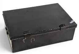 Interesting unnamed black japanned tin 9” x 8” x 3”, cream interior with 3 sectioned lift out rays