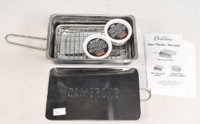 Camerons stainless steel stove top smoker, 11 ½” x 7” x 3”, as new unused with instructions, recipes