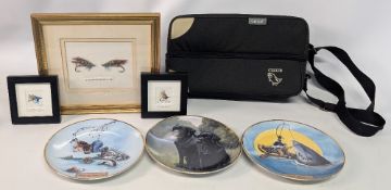 Framed Salmon Flies: 2x signed fly paintings by Zara Shelley, 2x Danbury Mint fishing collectors’