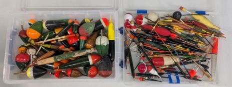 Collection of Fishing Floats in plastic tackle storage boxes, vintage cork examples and more