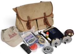 Collection of fly fishing equipment, as follows: 1x Brady canvas and leather shoulder bag, 15” x 9”,