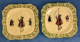 2x Royal Doulton Isacc Walton Ware Ceramic Plates: square scalloped edged plates 19.5cm - in good