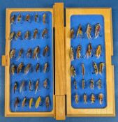 48x large Gut Eyed Salmon Flies, inside wooden case, single hook, used flies - fair to good