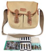 Barbour Fishing Shoulder Bag: canvas with leather trim, wide webbing strap, with a few salmon and
