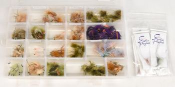 Enrico Puglisi salt water flies in 14” x 9” compartment box with 36 shrimp flies and 44 crab