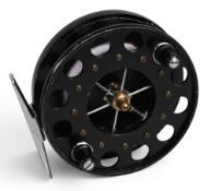 Refurbished Allcock Arial centre pin trotting reel (black painted), 4” caged ventilated 6 spoke