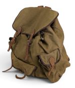 Vintage canvas and leather rucksack with removeable steel frame, 17” high, 15” at base. Large main