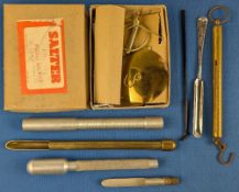Metal Fishing Priests, Salter Scales and tools, aluminium and brass priests, two with marrow scoops,