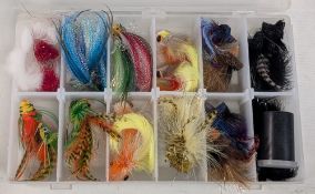 Infinite clear plastic divider box with 30 salt water/pike unused flies