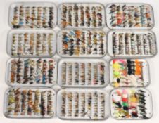 A collection of Wheatley Slim Alloy Tins, full of flies as follows: 1x 6” x 3 ½” with 140 small