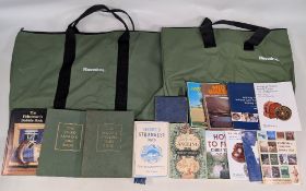 Fishing Books Catalogues and two fishing rubber Snowbee holdalls: with noted books of the Gentle
