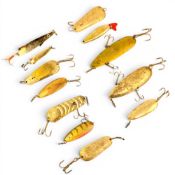 Vintage Fishing Spoon Spinner Lure, with names of Abu Tobby, Landa Lukki, Sulken, Esox, A Kolseth,