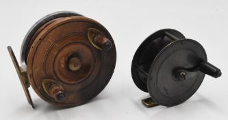 Unusual alloy backed wooden drum Nottingham trotting reel, 3 ½” diameter, matching handles on