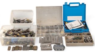 Sea Fishing Lead Weights and Molds: a heavy collection assorted shapes and sizes, some of the moulds