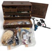 Period Fly Tying Kit, in a good wooden Nelson 8 drawer cabinets, with tools, wooden cotton reels,