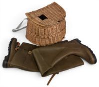 Le Chameau rubber thigh waders, size 44 with good straps and buckles. Traditional wicker creel