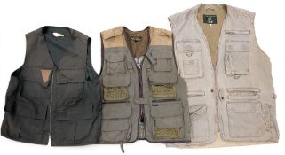 3x Fishing Waistcoats: an Orvis canvas waistcoat size L, Bob Church canvas waistcoat size M (with