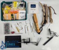 Collection of fly tying material by Veniard and others, quality table fly tying vice, Sunrise