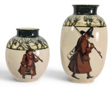 Royal Doulton Isacc Walton Ware Ceramics, 2x small vases, the tallest 15cm tall - having a small