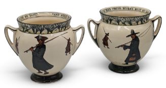 Fine pair of Royal Doulton Isacc Walton Ware Handled Vases: I Care Not I To Fish in Seas, Fresh