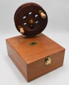 Limited edition Rueben Heaton model RHS-LR1, 5 ¾” Scarborough reel, turned wooden handles, brass
