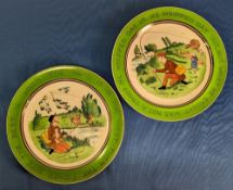 Pair 0f antique Wedgwood Etruia Fishing Plates, humorous scenes in a fix and fly fishing, #25.5cm