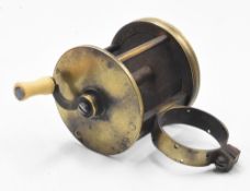 An early ‘Irish Pattern’ cast foot clamp winch brass fly reel 2” dia x 1 ¾” wide with raised gear