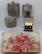 3x Pewter Hip Flasks and fishing cuff links, the flasks are 4oz and 6oz used flasks (one with a