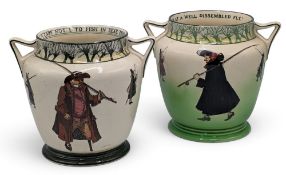 Fine pair of Royal Doulton Isacc Walton Ware Handled Vases: I care not I to fish in seas, fresh