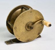 Unnamed early brass crank wind reel, 3” wide spool, curved crank handle with cream domed handle, 3
