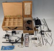 Collection of Fly-Tying Vices, tools, and boxes, 7x assorted vices with makers Veniard and Odam,
