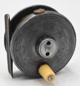 Malloch Patent alloy trout fly reel, 3” solid spool, face spindle tensioner, ivorine tapered handle,
