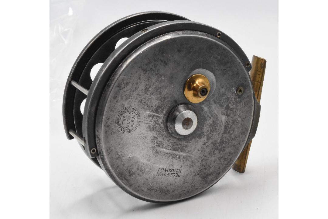 Allcock Redditch “Aerial” 7950 T6 alloy centre pin trotting reel, 4” RHW wide caged drum, twin white - Image 2 of 2