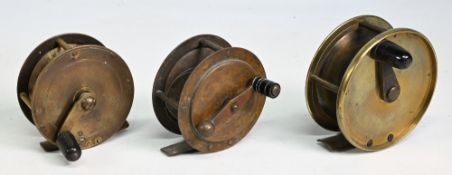 A collection of small brass reels, as follows: 1x Hot Shot crank wind 2 ¾” straight handle with