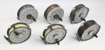 4x Intrepid gear fly alloy fly reels, tension regulators, 3 with lines, plus 2x Shakespeare