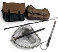 Vintage Hardy Folding Fishing Net, Gaff, Salmon Tailers, with two canvas fishing tackle bags, one by