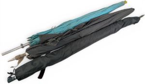 2x Fishing Umbrellas, green nylon with adjustable spikes, plus a top part only - fair used