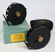 A pair of Gee Bee alloy centre pin reels, 4 ½” ventilated spools with 2 screw latch, twin handles,