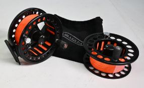 Vision Koma 7/8# alloy trout fly reel with spare spool, 3 ¾” wide ventilated spool, 2 screw latch,