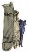 NGT Quiver Slide Fishing Holdall, with a blue nylon folding fishing chair, and fishing popup tent