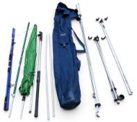 Sea Fishing Mullarky’s Tackle Bag, with 3 aluminium beach caster stands, one bag named Ian Gold,