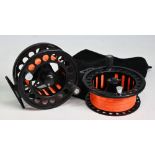 Vision Koma 7/8# alloy trout fly reel with spare spool, 3 ¾” wide ventilated spool, 2 screw latch,