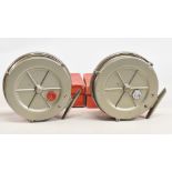 Pair of Maxima centre pin reels, 5” narrow spool with moveable cork spindle cover, twin handles (one