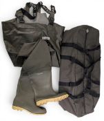 Large Fishing Holdall, with Dunlop Ocean rubber chest waders, studded soles boots size 11 UK, with