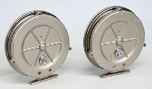 Pair of Maxima centre pin reels, 5 ½” narrow spool with moveable cork spindle cover, 2 screw