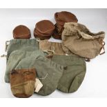 Collection of 6 vintage canvas fly reel cases, in trout/salmon size and 7x cloth drawstring Pokey